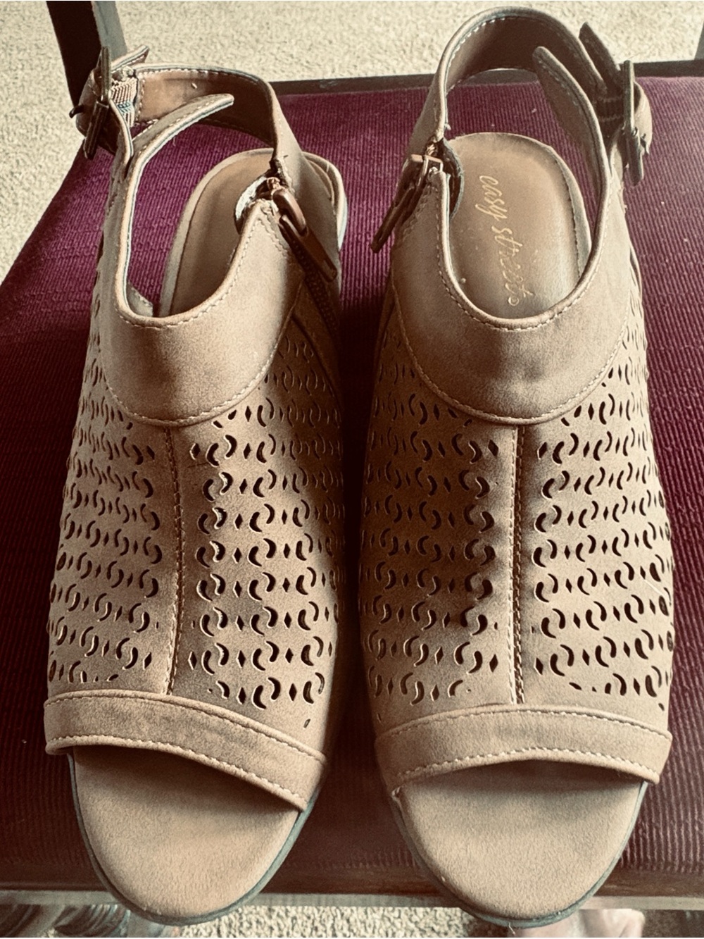 Easy Street Taupe Laser-Cut Peep Toe Slingback Sandals